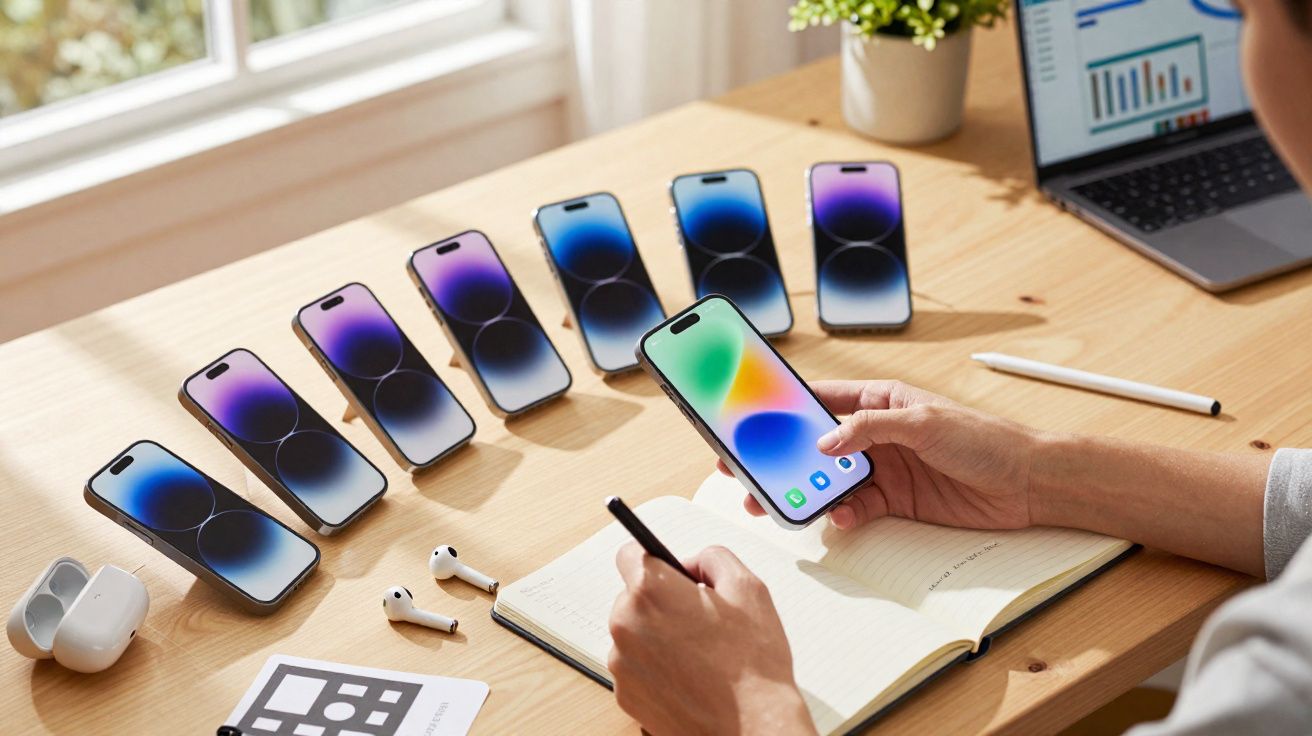 Persona utilizando un teléfono frente a varios teléfonos alineados y una computadora portátil sobre una mesa de madera.