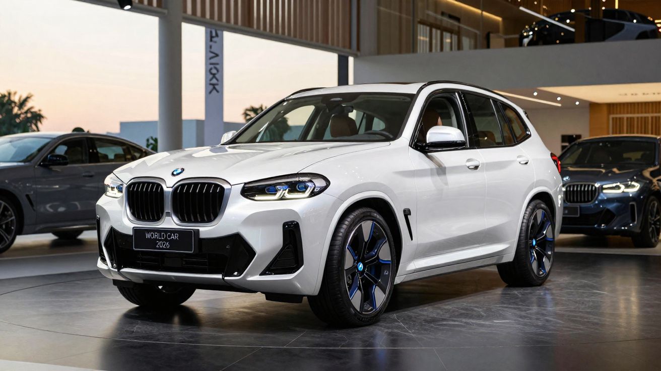 Coche SUV BMW blanco expuesto en interior moderno, con ruedas de diseño deportivo y placa World Car 2023.