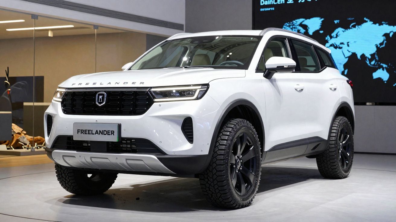 SUV blanco Freelander estacionado en un espacio interior con neumáticos todoterreno negros.