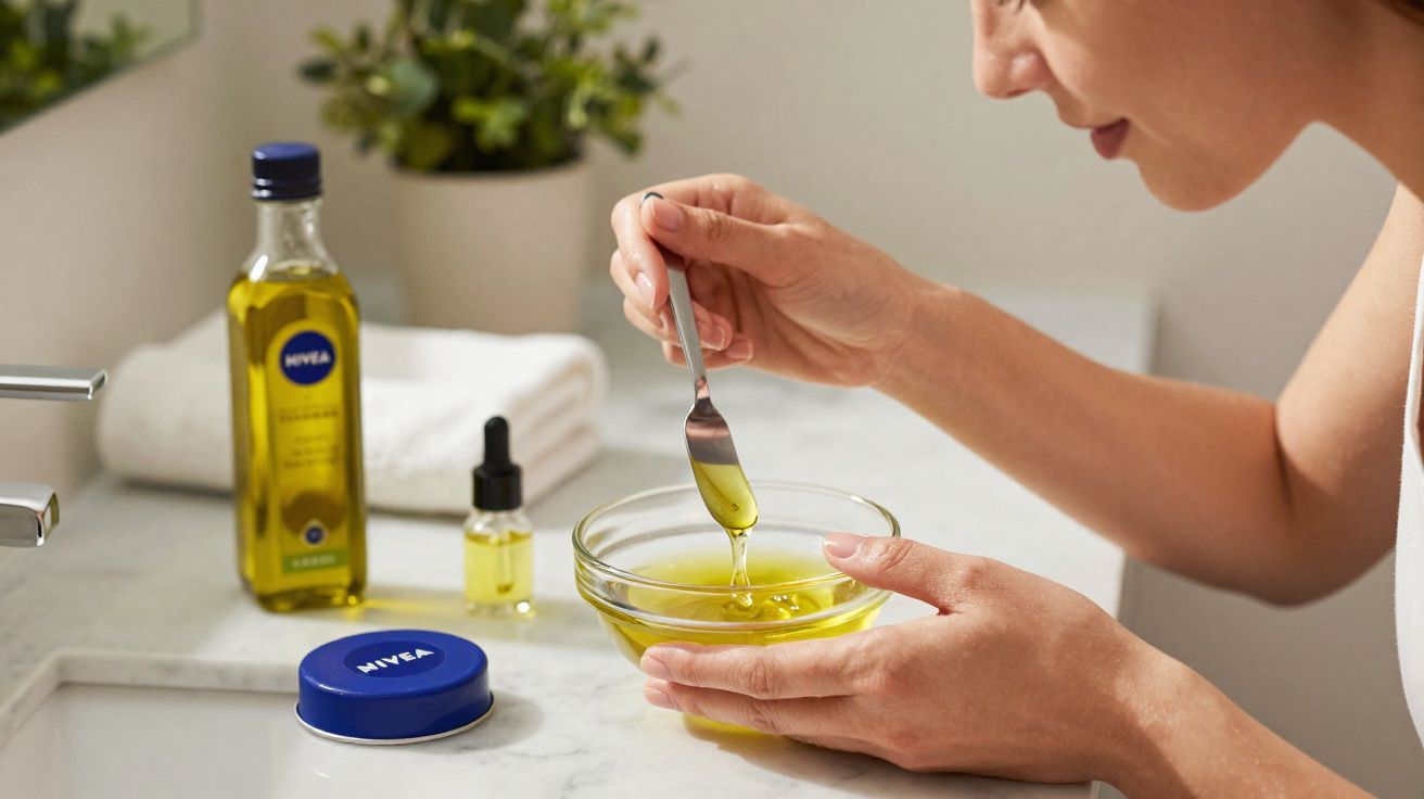 Persona tomando aceite con cuchara sobre bol transparente en baño con productos de cuidado Nivea en encimera.
