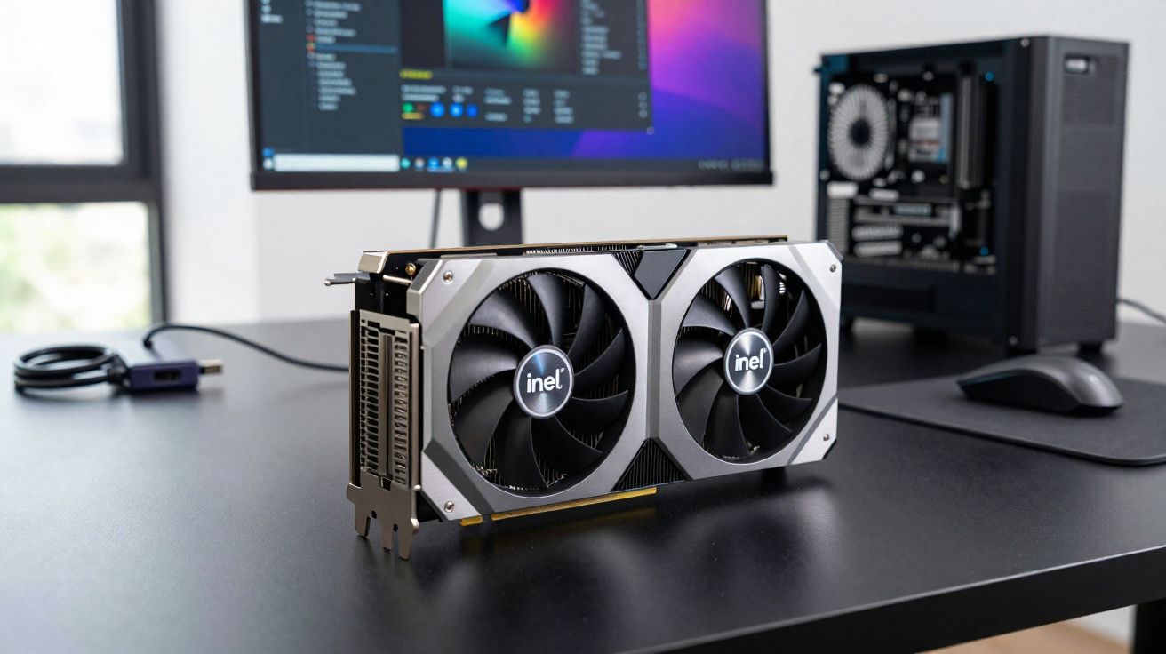 Tarjeta gráfica Intel con doble ventilador sobre escritorio frente a monitor y caja de PC abierta.