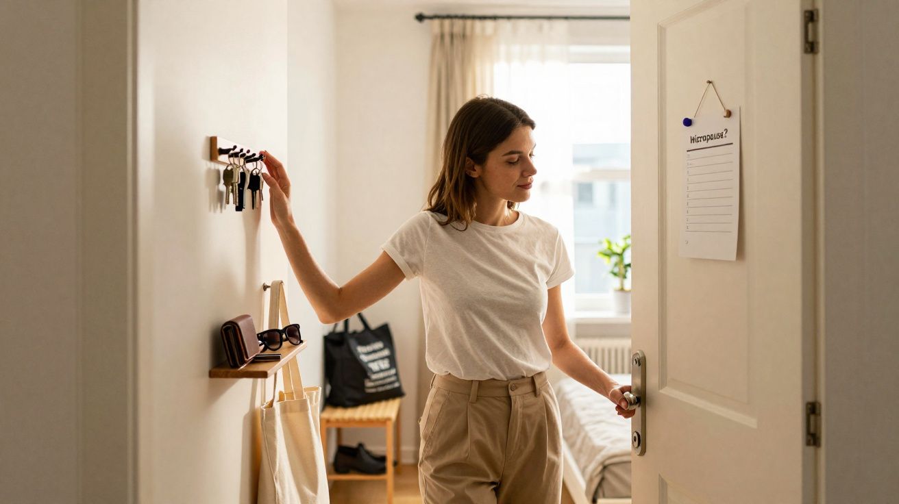 Mujer joven cogiendo llaves en la pared y abriendo la puerta de una habitación luminosa y ordenada.