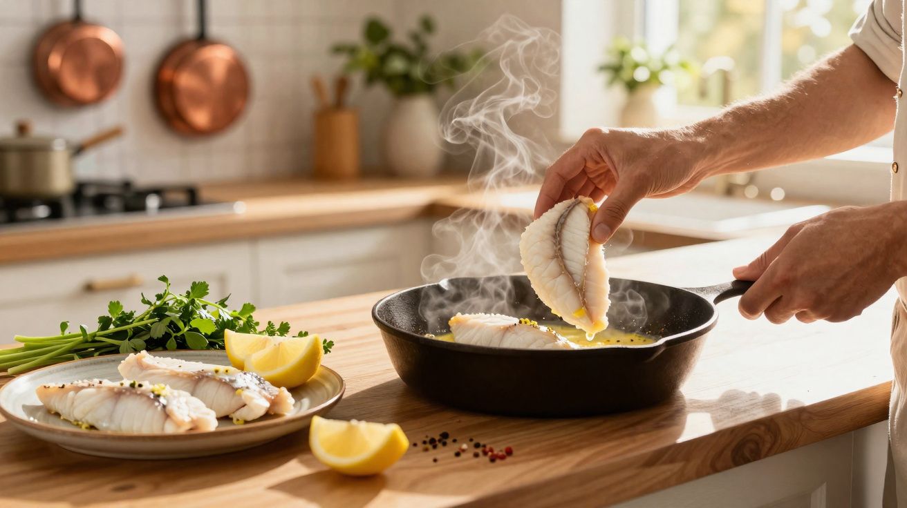 Mano colocando filetes de pescado en sartén caliente con vapor, limón y perejil sobre mesa de cocina.