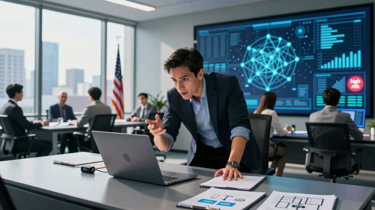 Hombre joven analizando datos en ordenador portátil en sala de reuniones con gráficos y mapas digitales en pantalla.