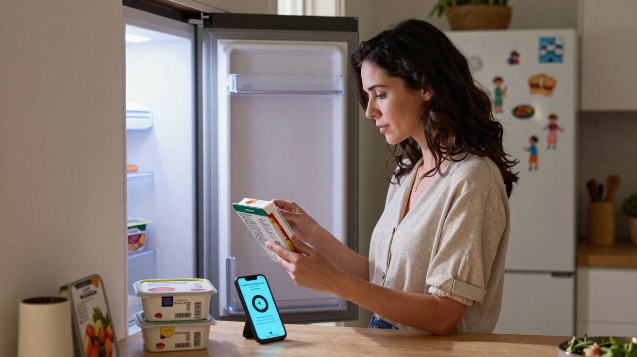 Mujer en cocina leyendo la etiqueta de un producto frente a la nevera abierta con teléfono móvil sobre la mesa.