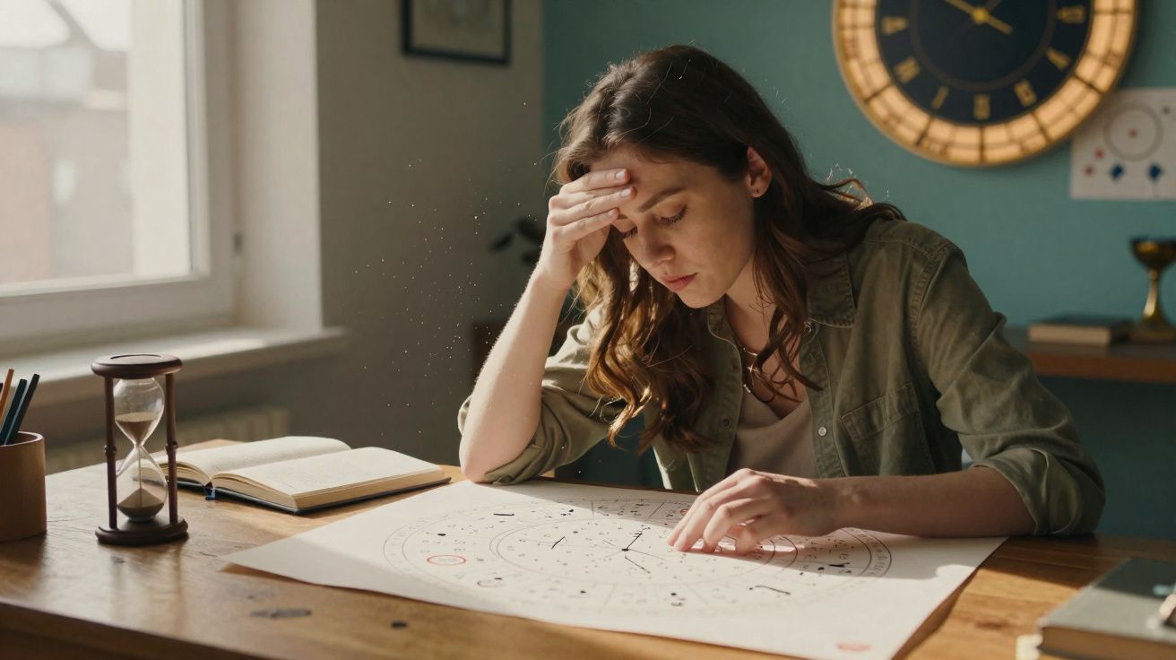 Mujer pensativa estudiando una carta astral en una mesa con reloj de arena y reloj de pared.