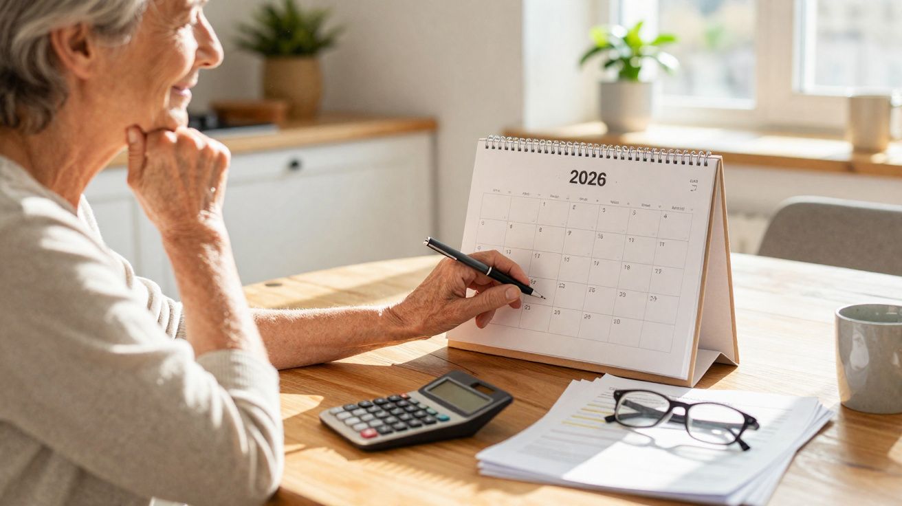 Mujer mayor planificando en un calendario de escritorio 2026 con calculadora, gafas y documentos sobre mesa de madera.
