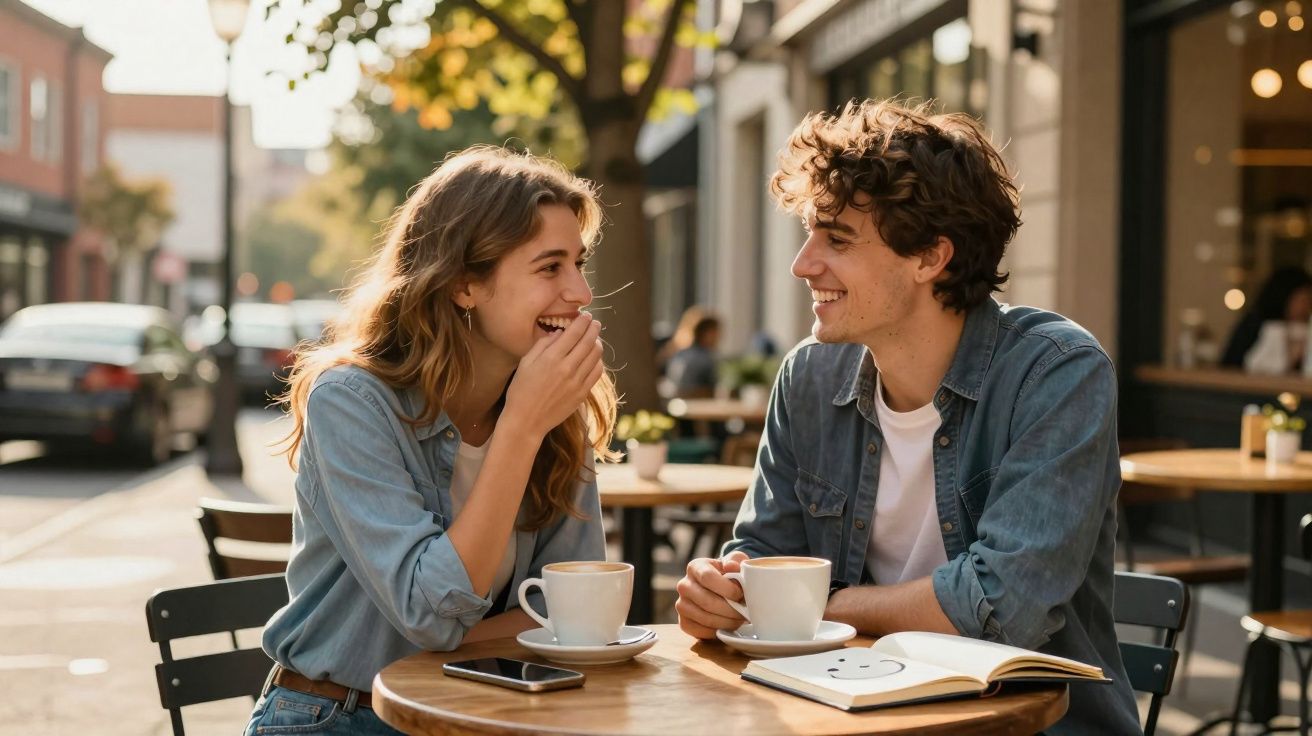 Pareja joven sonriente conversando en una terraza con café y un cuaderno abierto en la mesa.