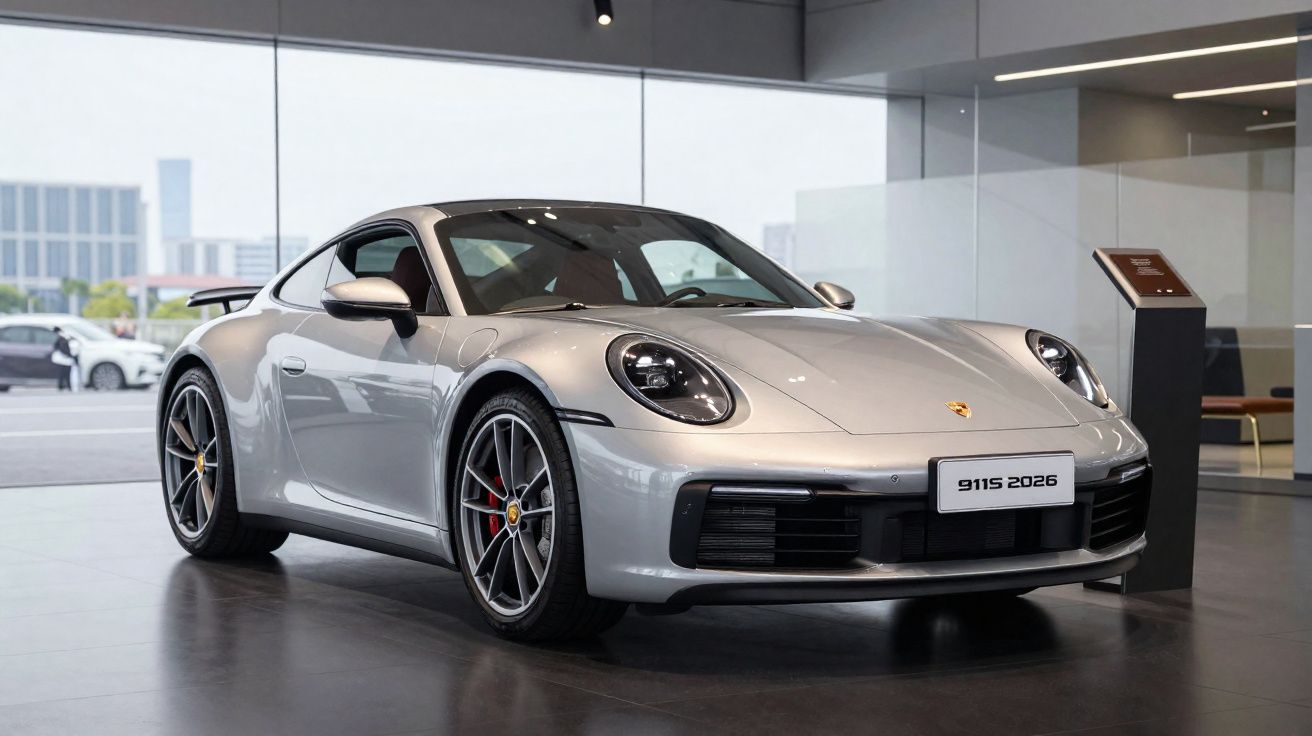 Coche deportivo Porsche 911 plata modelo 2026 exhibido en un concesionario moderno con suelo brillante.