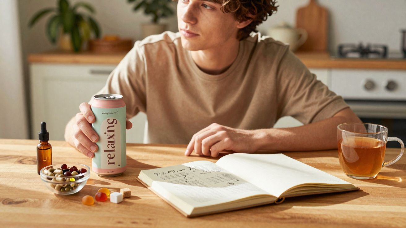 Joven sentado en mesa con libro abierto, bebida relajante en lata, tazas y pastillas sobre madera.