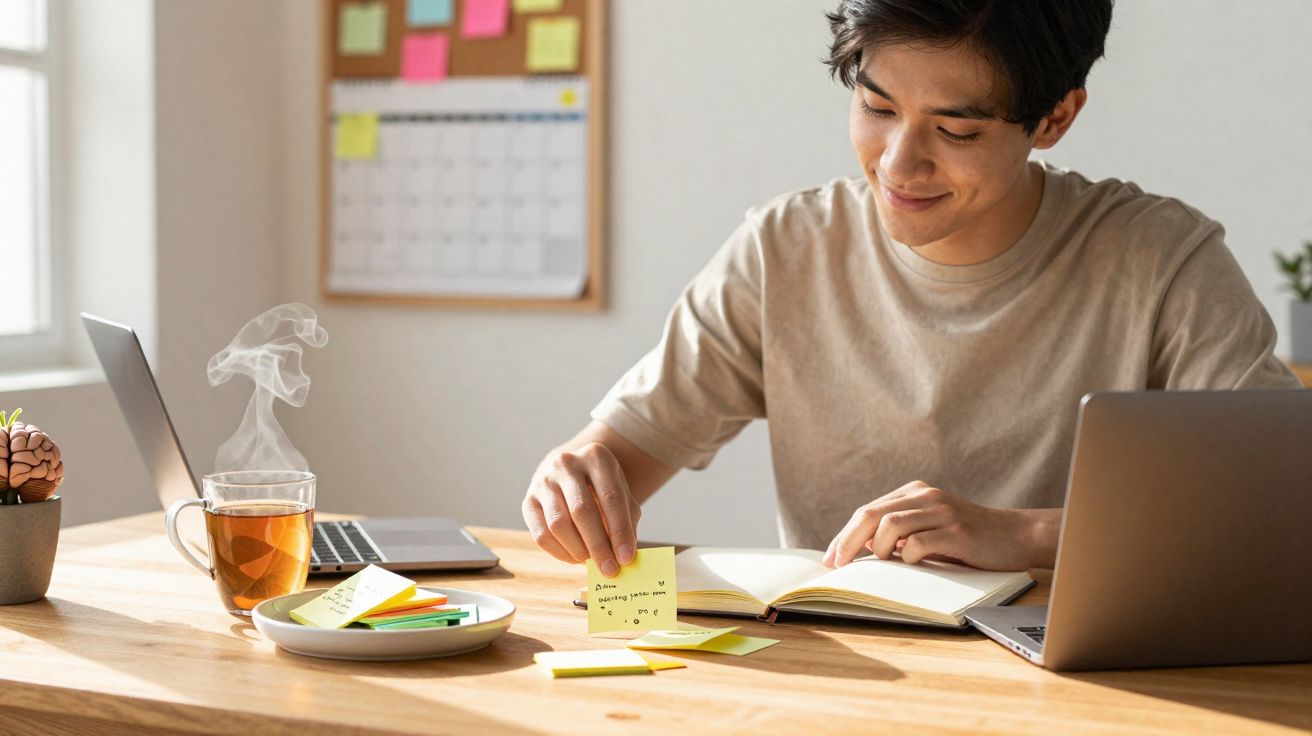 Joven sonriente organizando notas adhesivas mientras trabaja con portátil y cuaderno en mesa iluminada.