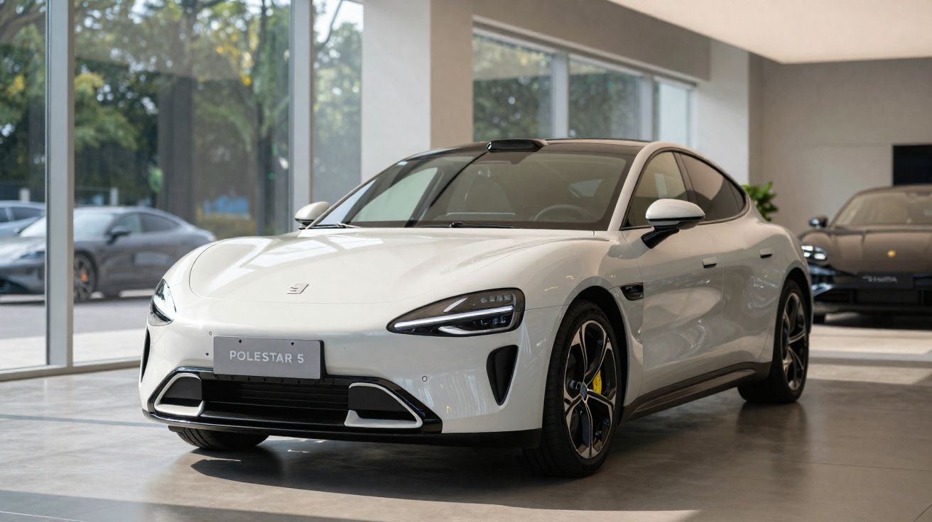 Coche eléctrico Polestar 5 blanco estacionado en un concesionario luminoso con grandes ventanales.