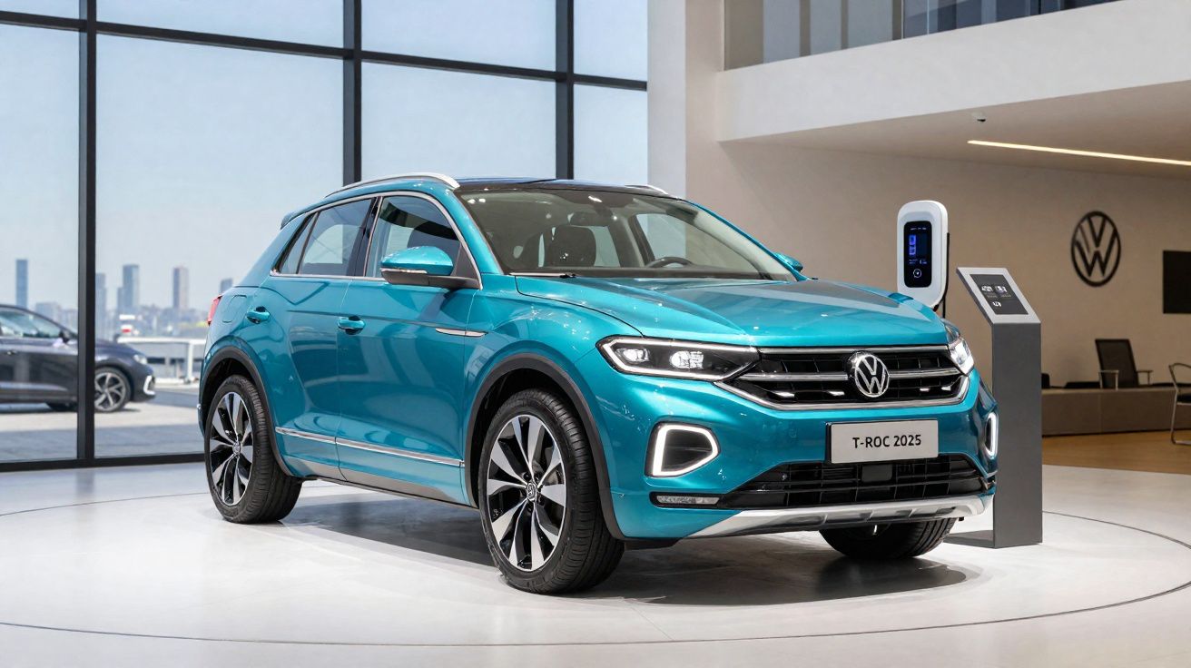 Coche eléctrico Volkswagen T-Roc 2025 azul expuesto en sala moderna con estación de carga.