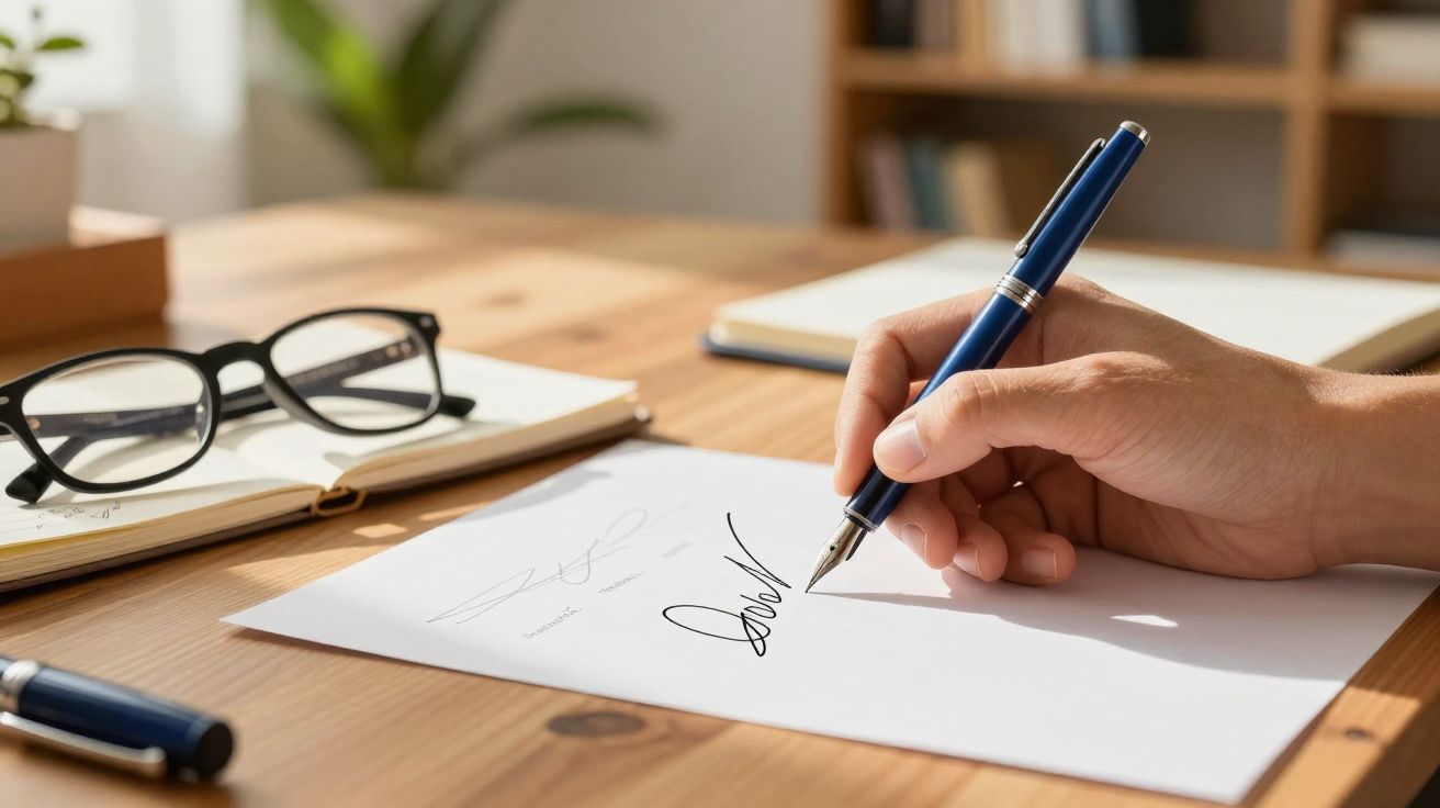 Mano firmando un documento con pluma estilográfica azul sobre mesa de madera junto a cuadernos y gafas.