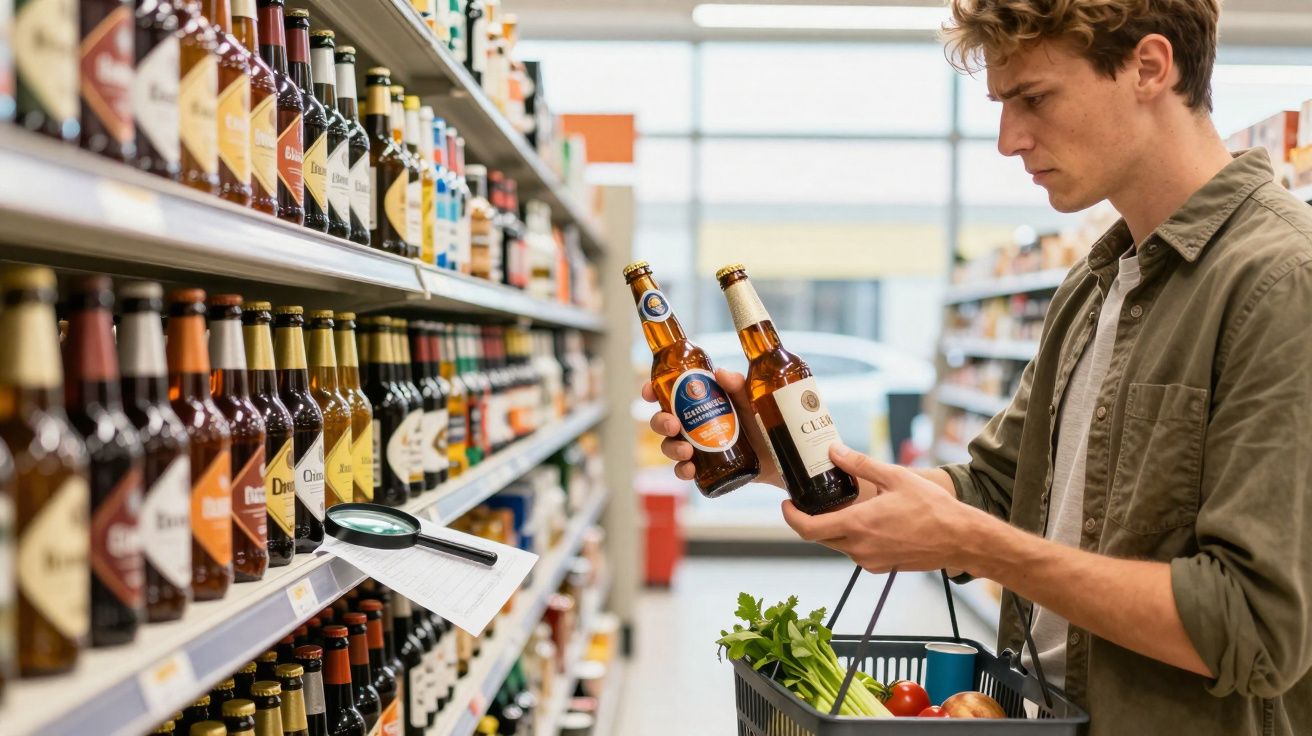 Hombre compara dos botellas de cerveza en el pasillo de un supermercado con cesta de la compra en mano.