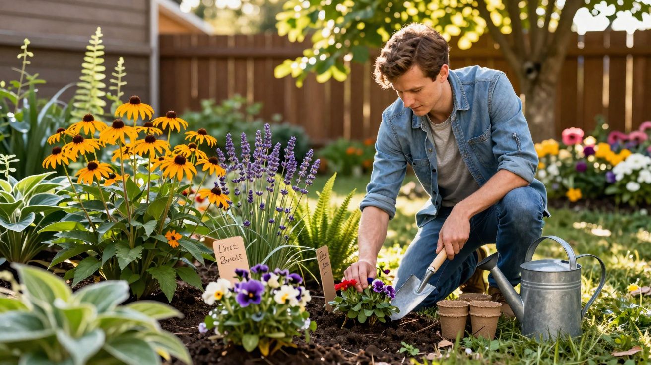 Hombre joven plantando flores en un jardín soleado con regadera y plantas alrededor.