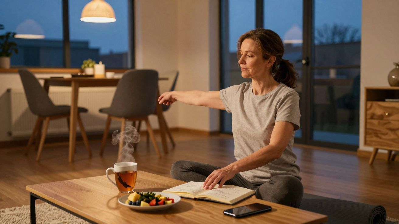 Mujer meditando sentada en el suelo con libro, taza de té humeante y plato de fruta en mesa baja.