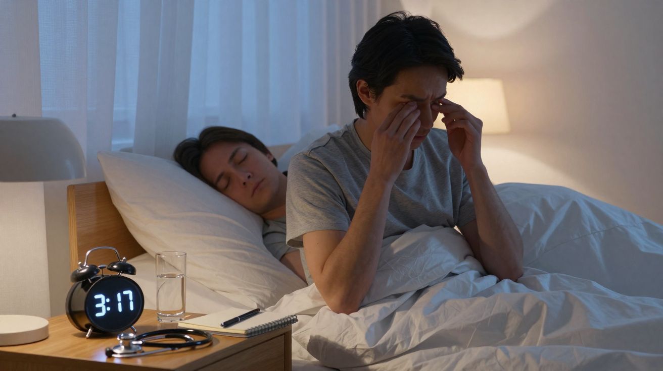 Hombre despierto con ojos cansados en la cama mientras su pareja duerme a su lado.
