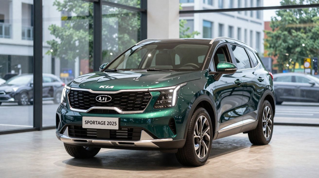 Coche SUV Kia Sportage 2025 verde expuesto en un concesionario moderno con ventanales grandes.