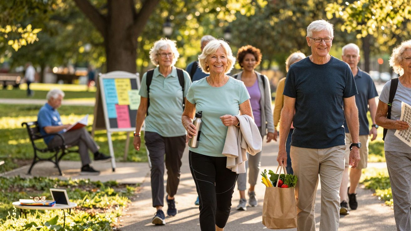 Personas mayores caminando por un parque soleado, sonrientes y con ropa deportiva, disfrutando al aire libre.
