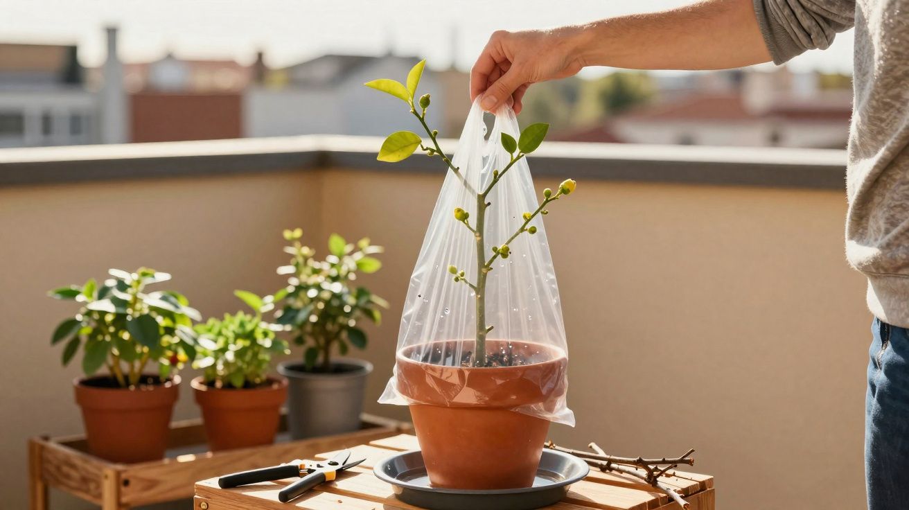 Mano cubriendo planta con bolsa de plástico en maceta sobre mesa de madera en balcón soleado.