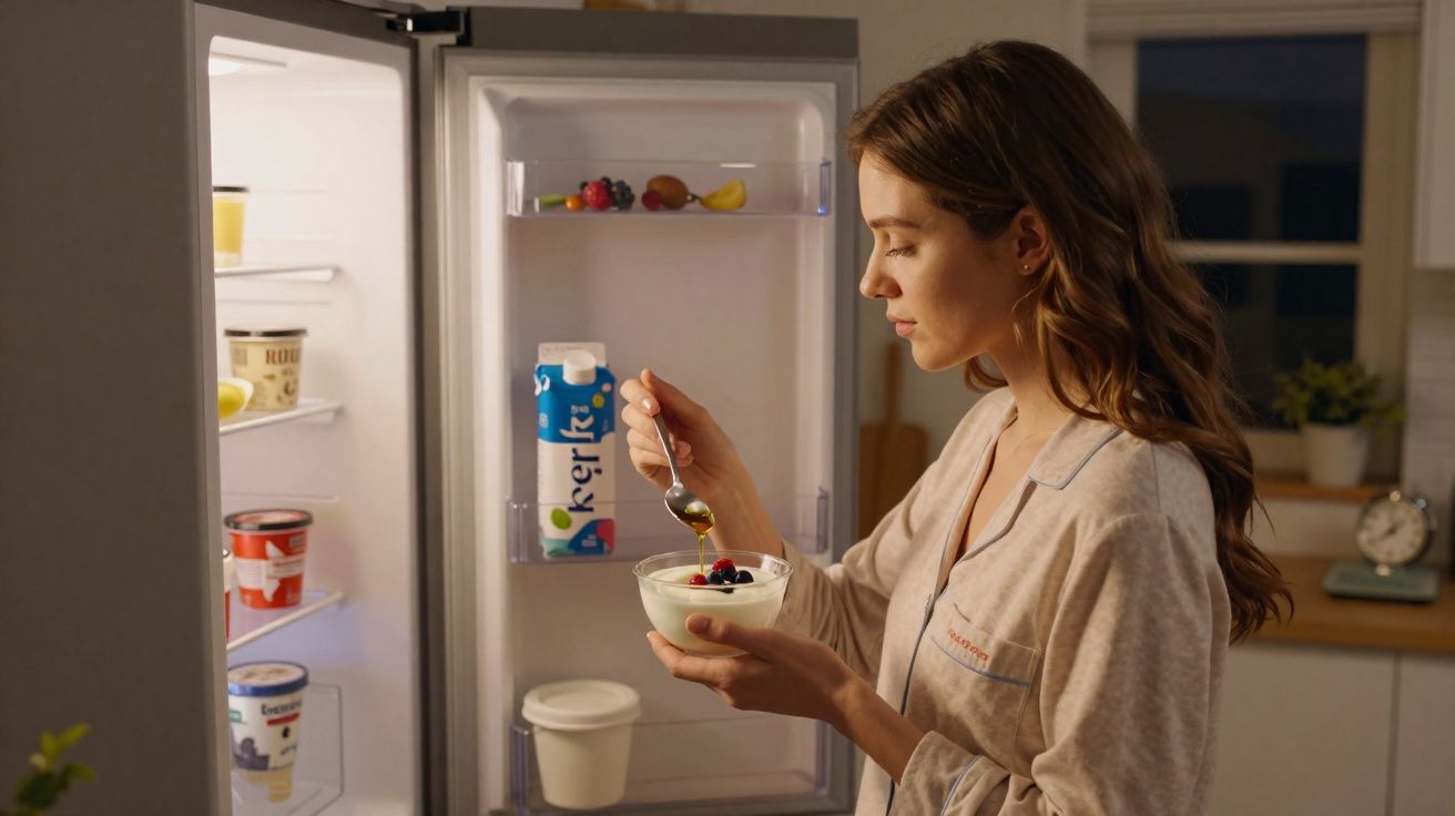 Mujer en pijama sacando yogur con frutas del frigorífico abierto por la noche en la cocina.