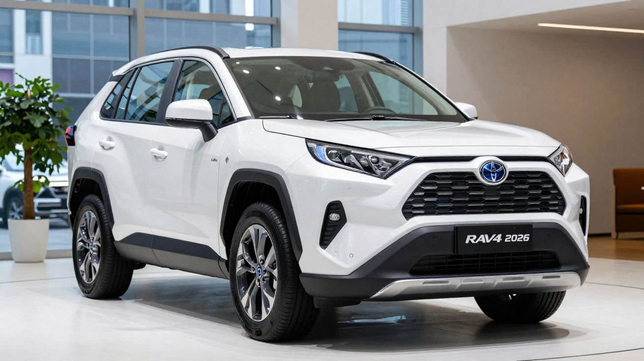 Toyota RAV4 2026 blanco visto desde el frontal en un concesionario moderno.