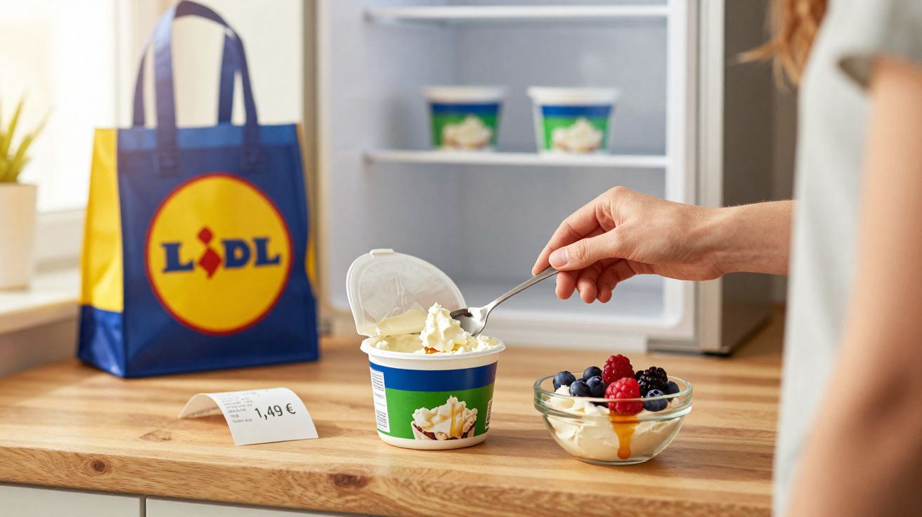 Persona tomando yogur con nata y frutos rojos en cocina, bolsa reciclable y ticket de Lidl sobre la encimera.