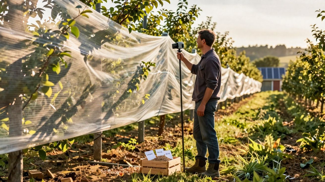 Hombre con cámara en trípode inspecciona árboles protegidos con mallas en un huerto al atardecer.