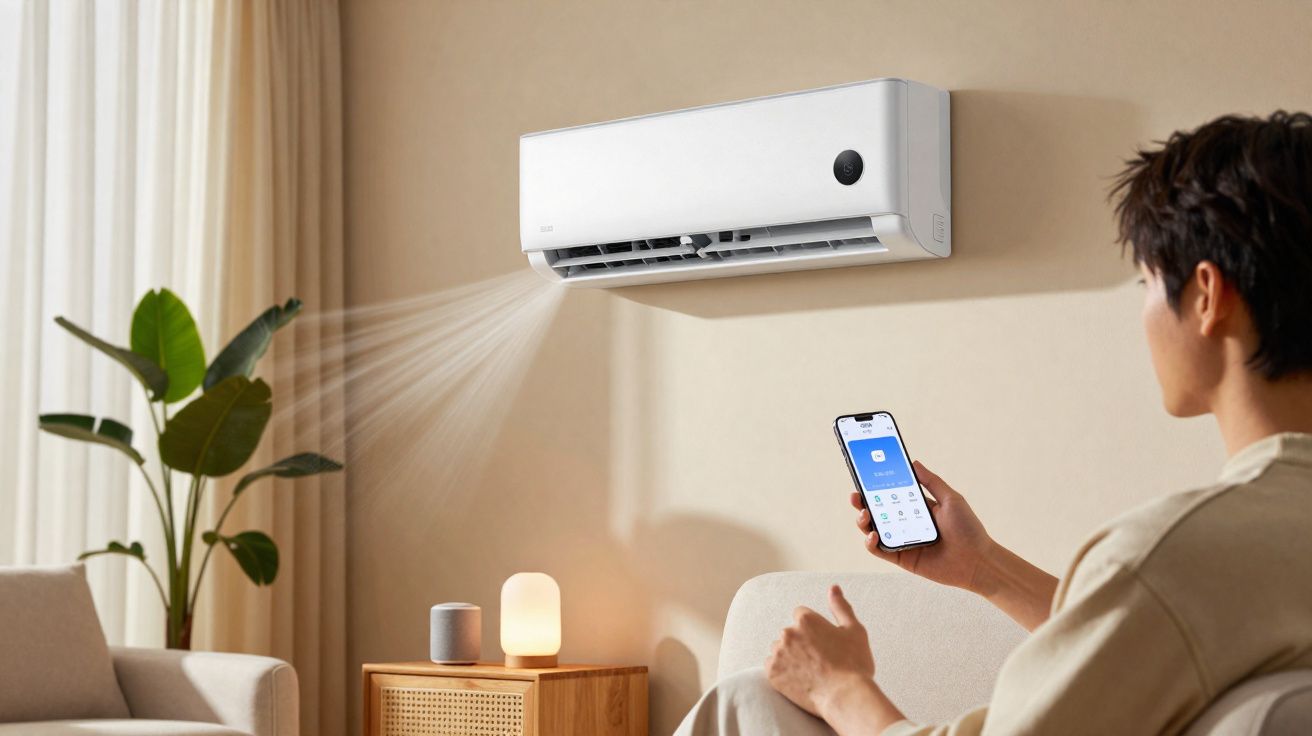 Persona controla un aire acondicionado moderno con un móvil en una sala luminosa y decorada.