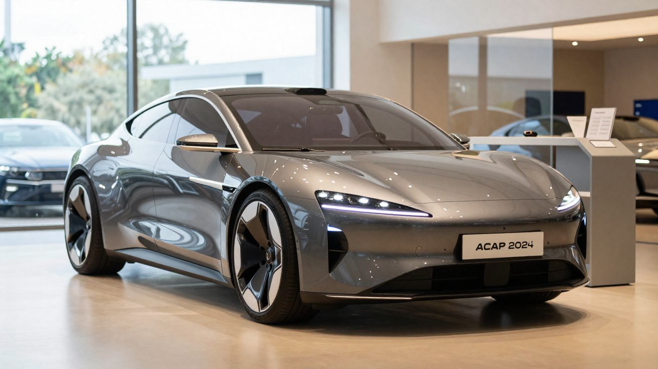 Coche eléctrico gris moderno con diseño aerodinámico expuesto en concesionario luminoso.