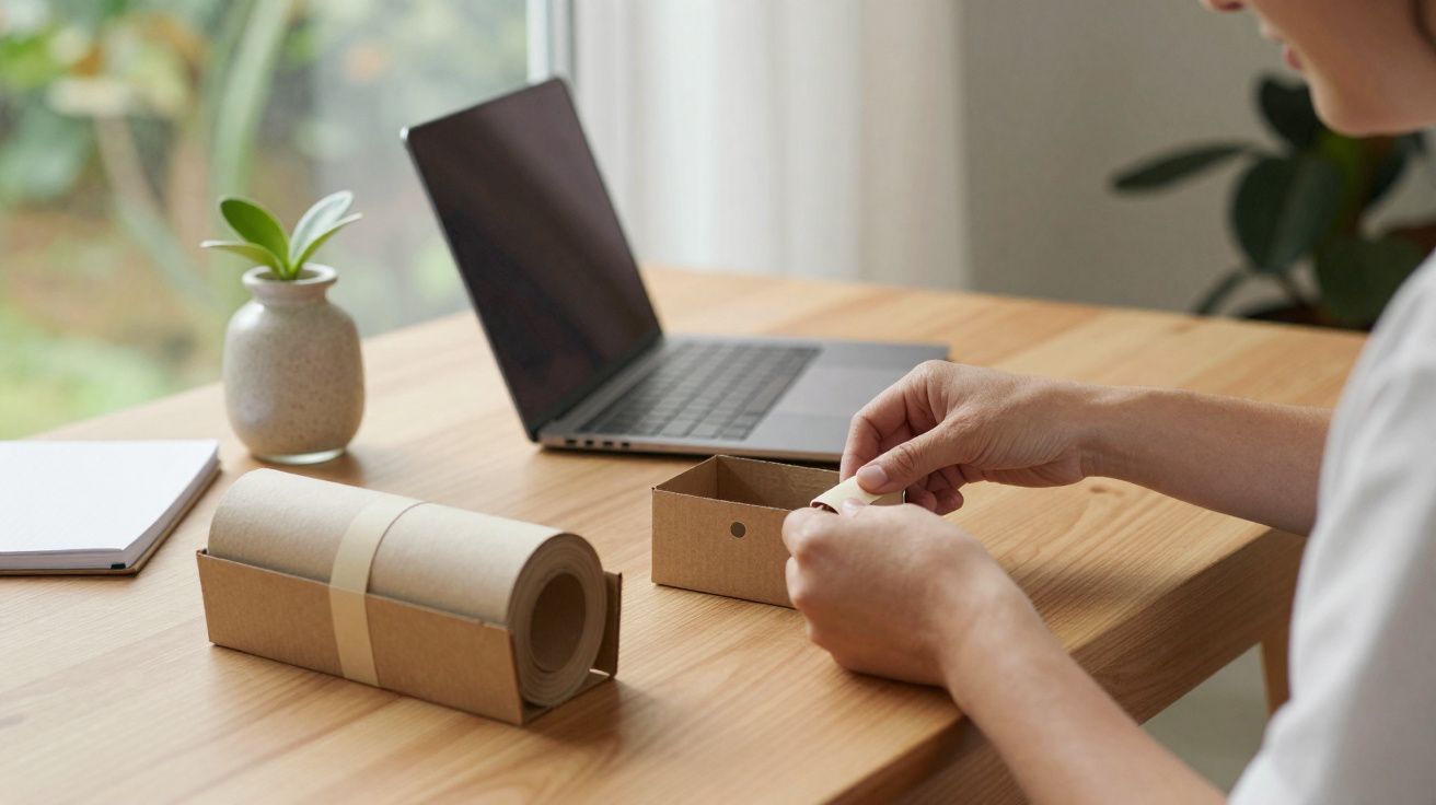 Persona etiquetando productos sostenibles junto a un portátil y una planta sobre una mesa de madera.