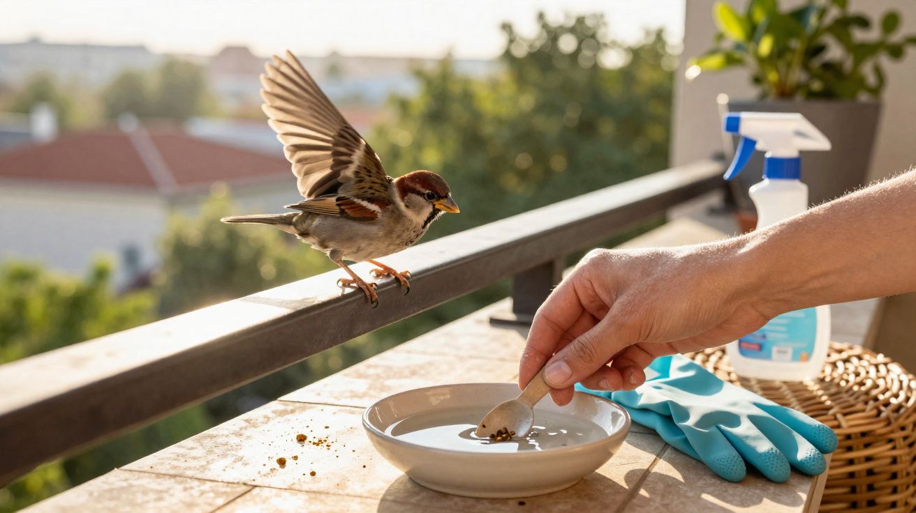 Gorrión a punto de posarse junto a una mano que le da comida en una terraza con fondo de plantas y casas.