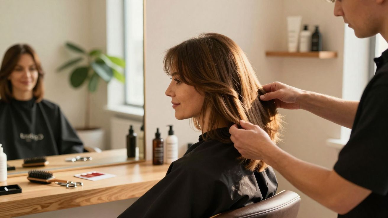 Mujer sentada en peluquería mientras un estilista le revisa el cabello frente a un espejo.