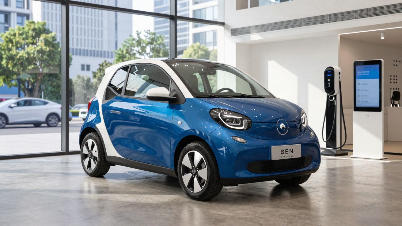 Coche eléctrico compacto azul y blanco estacionado en un showroom con estación de carga y grandes ventanales.
