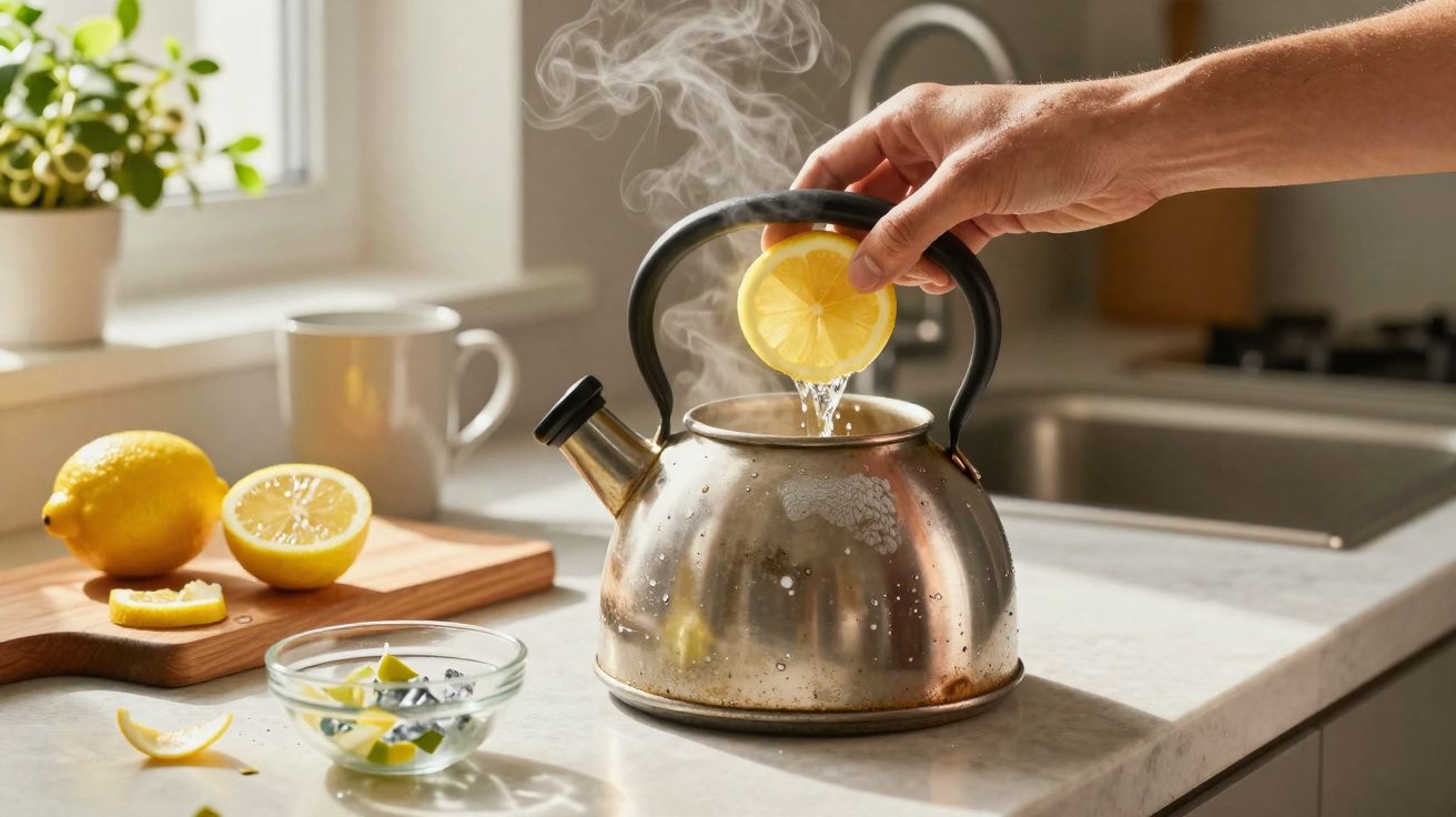 Mano exprimiendo un limón sobre una tetera metálica humeante en una cocina luminosa.