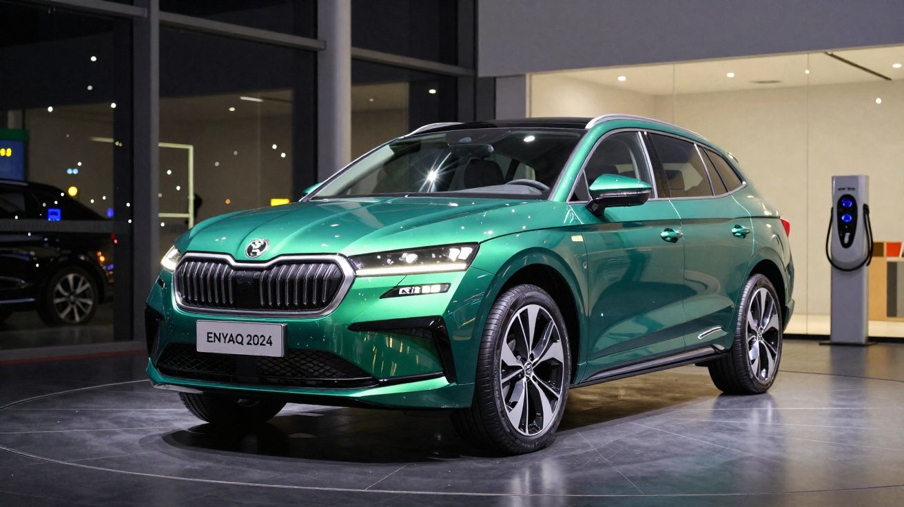 Coche eléctrico Škoda Enyaq 2024 verde expuesto en sala moderna con estación de carga al fondo.