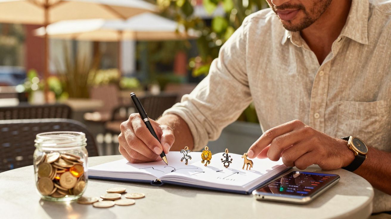 Hombre dibujando en un cuaderno con pequeñas figuras animadas y una jarra con monedas sobre la mesa al aire libre.