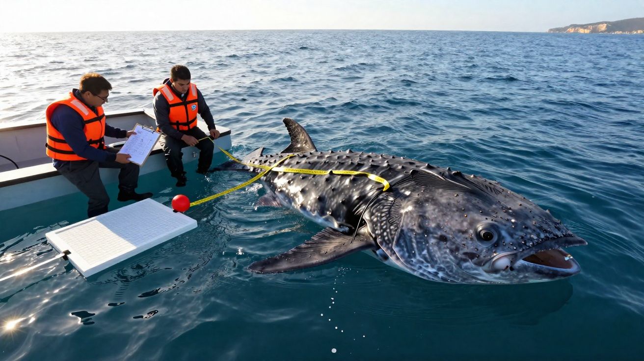 Investigadores miden un pez luna gigante cerca de un barco en mar abierto con chalecos salvavidas.
