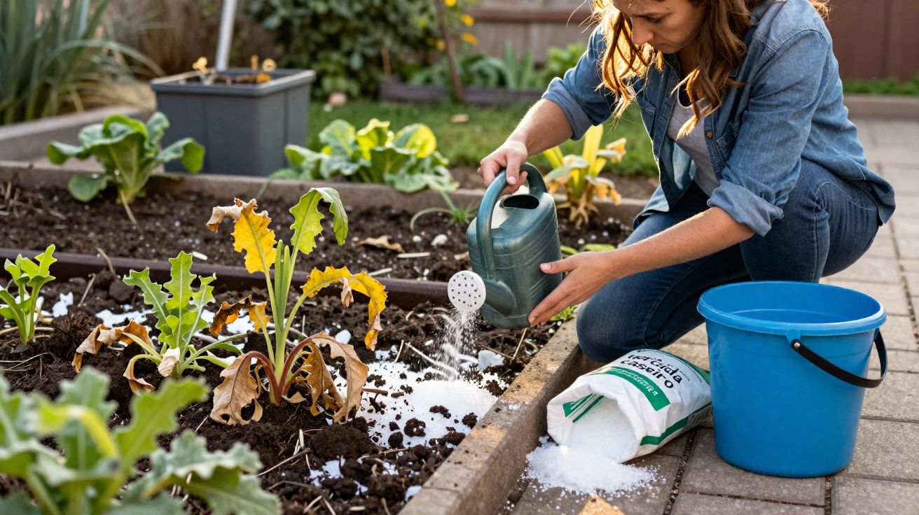 Mujer echando fertilizante con regadera en plantas de jardín junto a cubo azul y bolsa abierta.