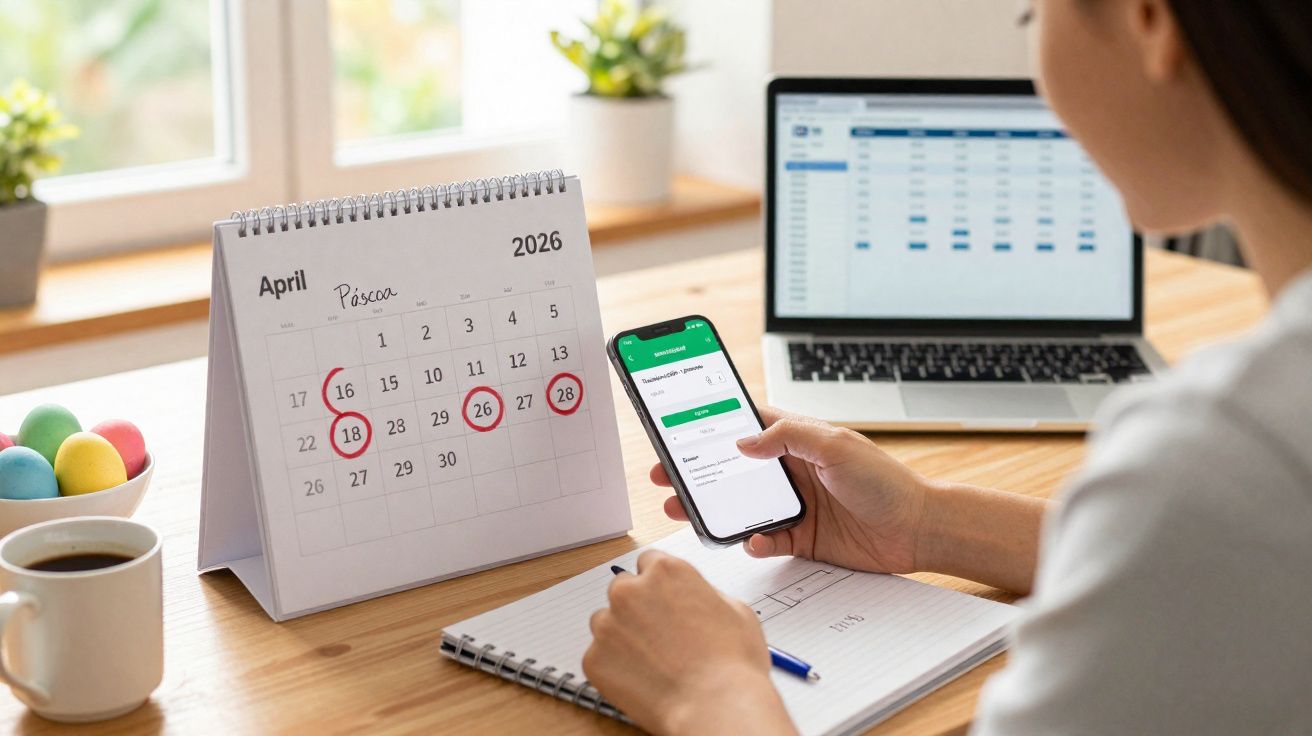 Persona organizando su agenda con calendario marcado, teléfono móvil y portátil sobre mesa de madera.