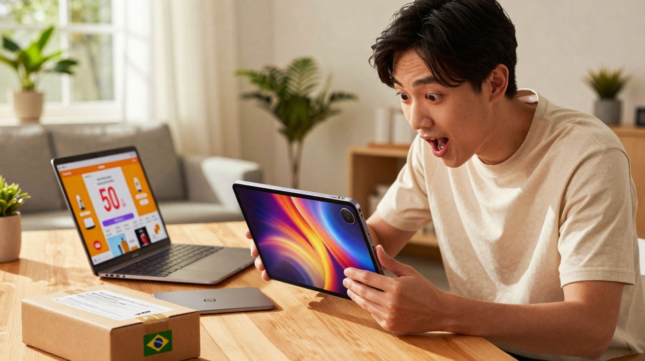 Hombre joven sorprendido usando una tablet en una mesa con portátil y paquete con bandera de Brasil.