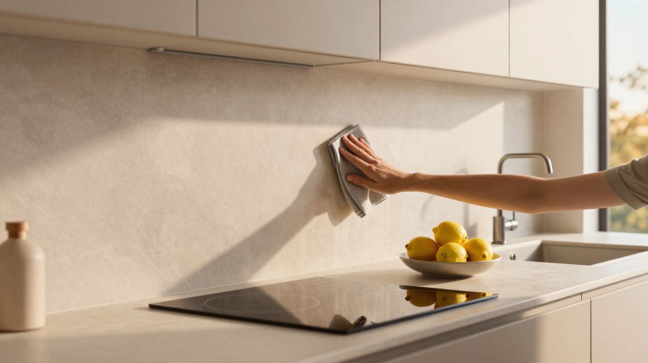 Persona limpiando la encimera y la pared de una cocina moderna con una bayeta gris y luz natural.