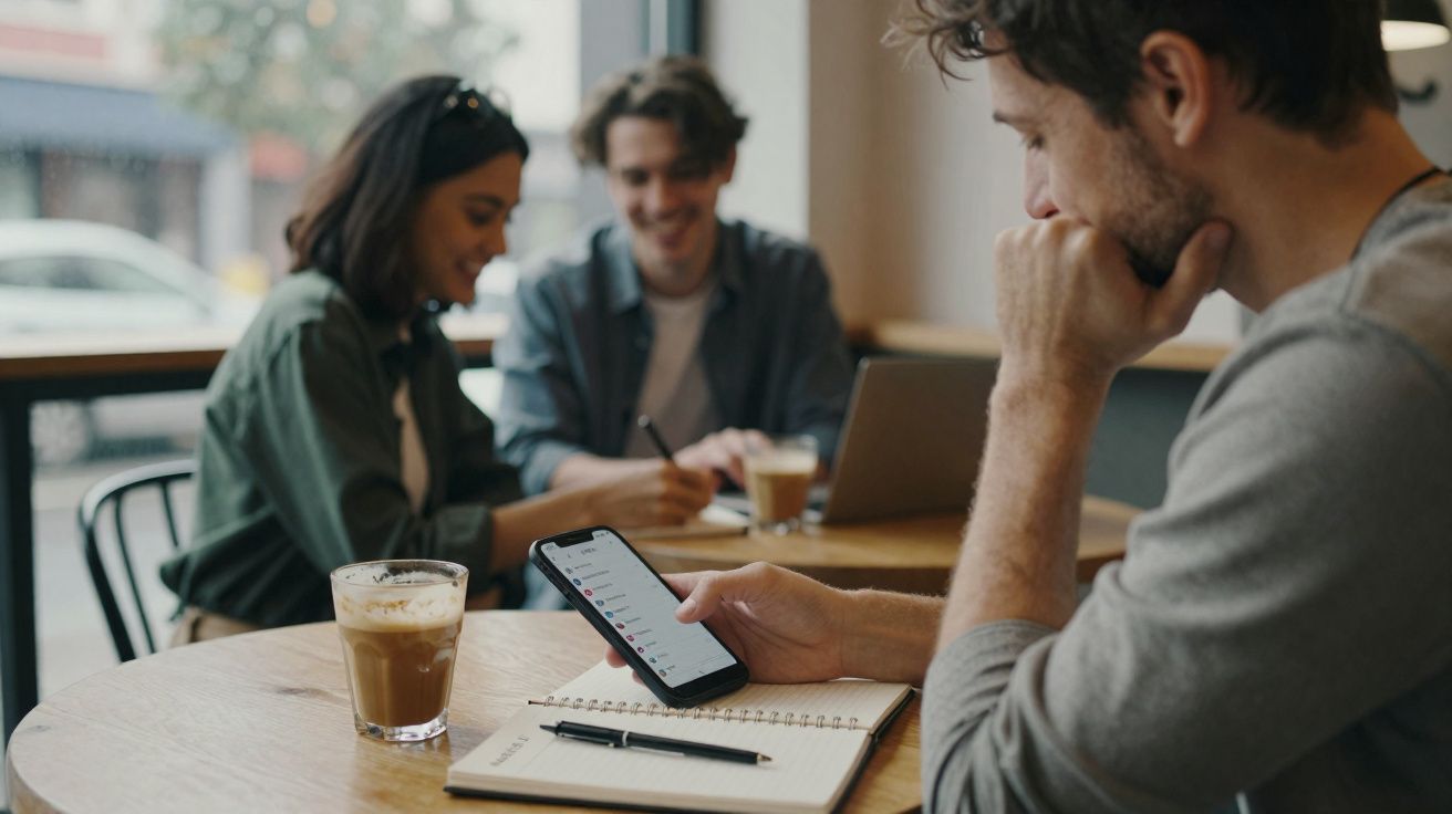 Hombre consultando su móvil en una cafetería mientras dos personas conversan y trabajan en el fondo.