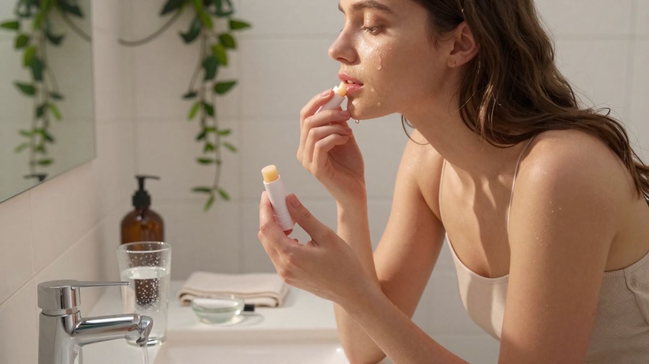 Mujer aplicando bálsamo labial cerca del lavabo en un baño con plantas colgantes al fondo.