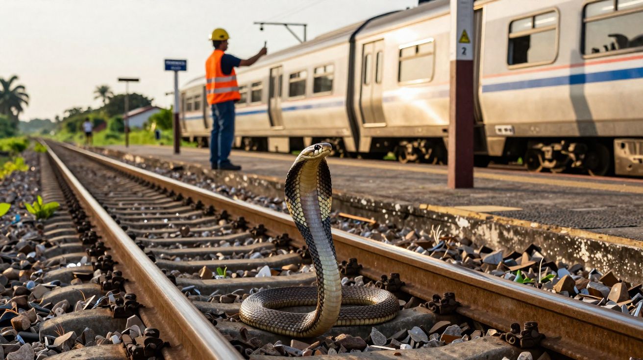 Serpiente cobra levantada sobre las vías del tren con un trabajador y un tren de fondo en una estación.