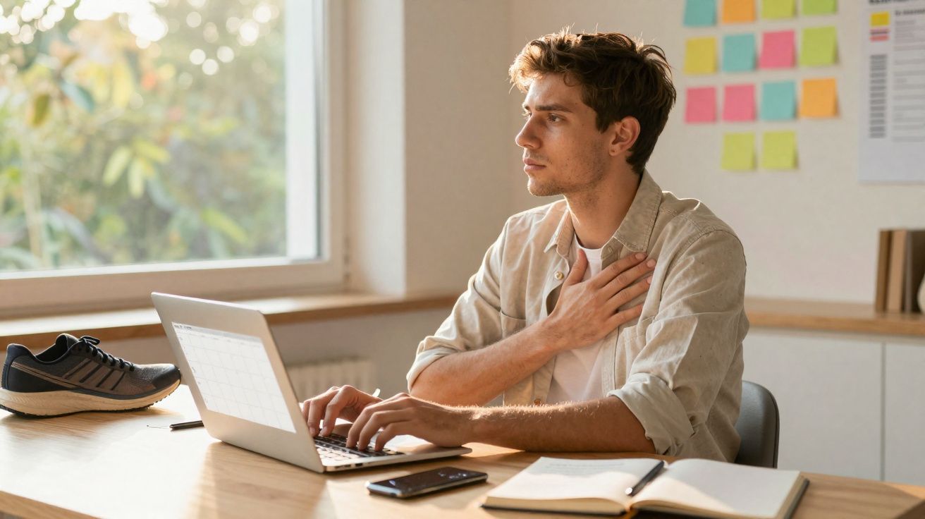 Joven sentado en escritorio con portátil, tocándose el pecho y mirando pensativo hacia la ventana.