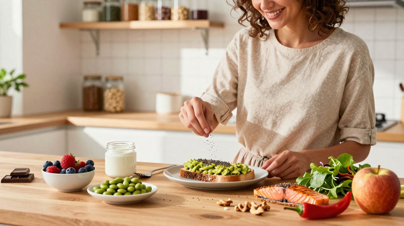 Mujer sonriente preparando tostada con aguacate y semillas en cocina con alimentos saludables alrededor.