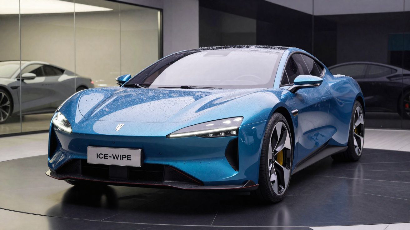 Coche deportivo eléctrico azul brillante con gotas de agua en su superficie en un showroom moderno.