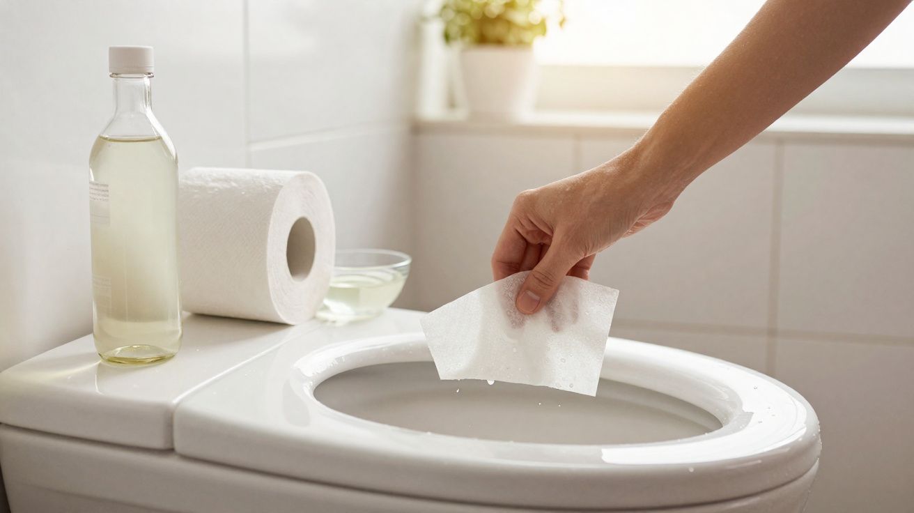 Mano limpiando el borde de un inodoro con papel húmedo, con botella y rollo de papel al fondo.